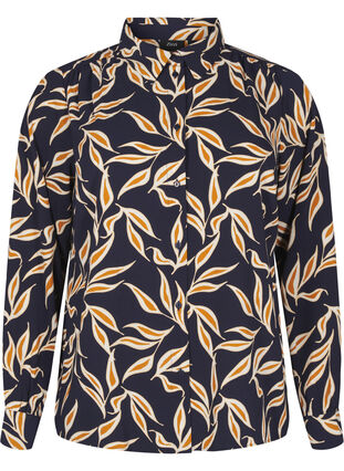 Zizzi Shirt met bladprint en kraag, Ev. Blue w. Leaf AOP, Packshot image number 0