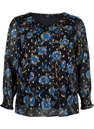 Bloemenblouse met lange mouwen en v-hals, Black Blue Flower 