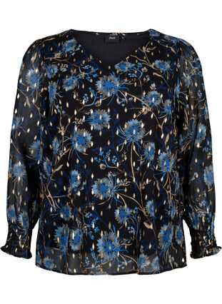 Zizzi Bloemenblouse met lange mouwen en v-hals, Black Blue Flower , Packshot image number 0