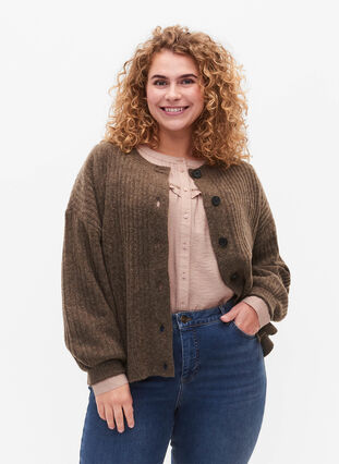 Zizzi Ribgestikte cardigan met knopen, Brown Mel., Model image number 0