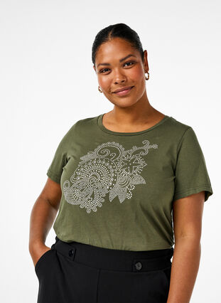 Zizzi Katoenen T-shirt met strasmotief, Thyme w. Rhinestones, Model image number 0