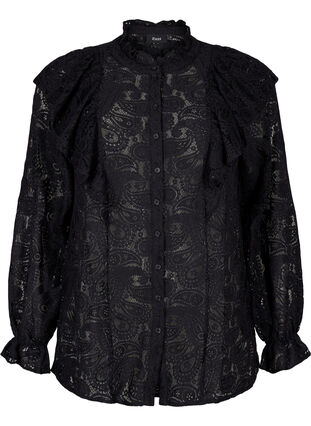 Zizzi Kanten overhemd-blouse met ruches, Black, Packshot image number 0