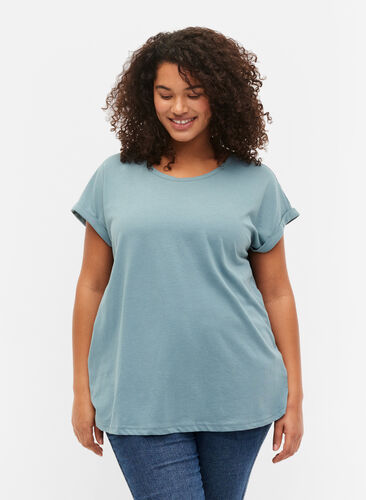 Zizzi T-shirt met korte mouwen van katoenmix, Smoke Blue, Model image number 0