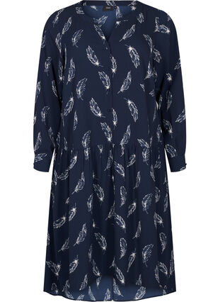 Zizzi Midi jurk met lange mouwen, Navy B. Feather AOP, Packshot image number 0