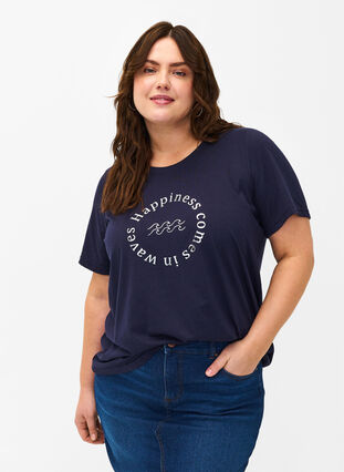 Zizzi FLASH - T-shirt met motief, Navy Blazer Wave , Model image number 0