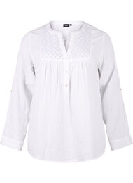 Katoenen blouse met broderie anglaise en 3/4 mouwen, Bright White