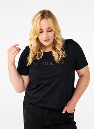 Zizzi Katoenen T-shirt met strasmotief, Black w. Radiance, Model image number 0