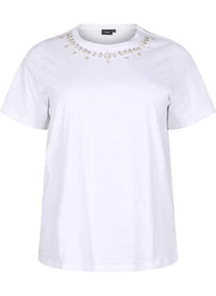 Zizzi T-shirt met ronde hals en strass-steentjes, Bright White, Packshot image number 0