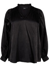 Blouse met lange mouwen, ruches en V-hals, Black