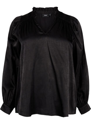 Zizzi Blouse met lange mouwen, ruches en V-hals, Black, Packshot image number 0