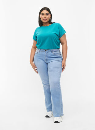 Zizzi T-shirt met korte mouwen van katoenmix, Teal Blue, Model image number 2