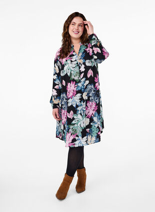 Zizzi Jurk met lange mouwen en bloemenprint, Rose Flower AOP, Model image number 2