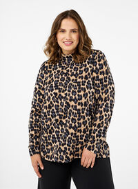 FLASH - Blouse met lange mouwen en col, Leopard Print , Model