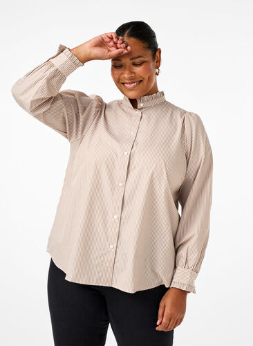 Zizzi Overhemd blouse met strepen en ruches, Silver Mink Stripe, Model image number 0