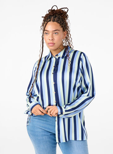 Zizzi Gestreept satijnen overhemd, Blue Stripe, Model image number 0