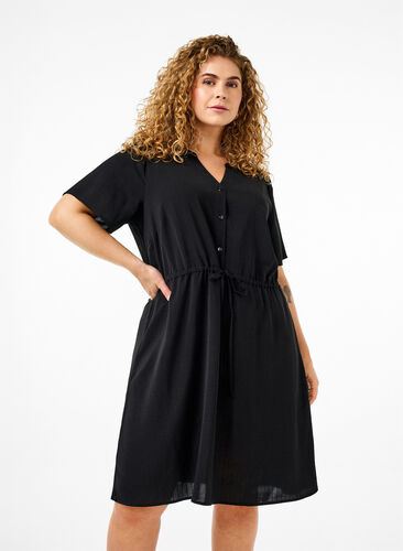 Zizzi Jurk met korte mouwen en strik in de taille, Black, Model image number 0