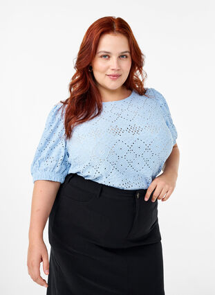 Zizzi Blouse met korte mouwen en patroon met kant, Cashmere Blue, Model image number 0