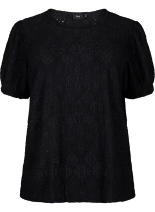 Zizzi Blouse met korte mouwen en patroon met kant, Black, Packshot image number 0