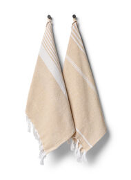 2-pack gestreepte handdoek met franjes, 2-Pack Beige