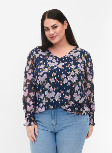 Zizzi Bloemenblouse met lange mouwen en v-hals, Blue Small Fl. AOP, Model image number 0