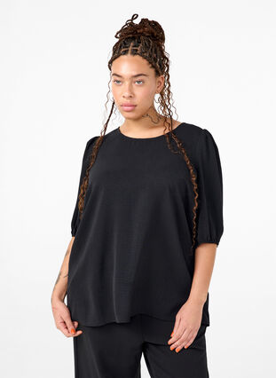 Zizzi Blouse met korte mouwen en een strik op de rug, Black, Model image number 0