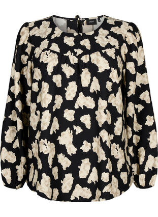 Zizzi Blouse met lange mouwen, print en strikjes, Black AOP, Packshot image number 0