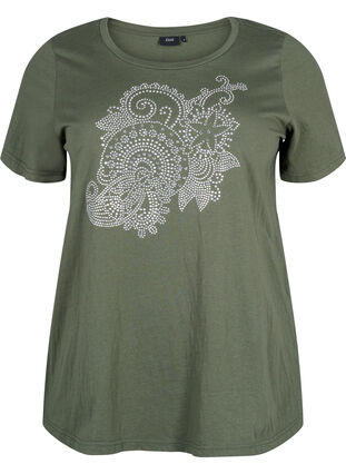 Zizzi Katoenen T-shirt met strasmotief, Thyme w. Rhinestones, Packshot image number 0