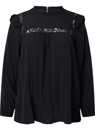 Viscose blouse met ruches en kant, Black