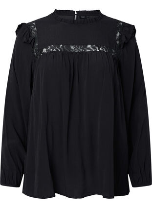 Zizzi Viscose blouse met ruches en kant, Black, Packshot image number 0