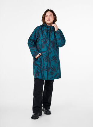 Zizzi Regenjas met print, Deep Teal Black, Model image number 2