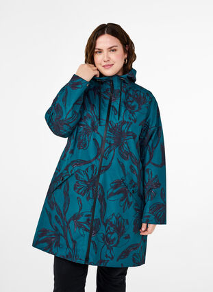 Zizzi Regenjas met print, Deep Teal Black, Model image number 0