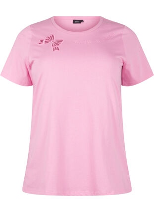 Zizzi T-shirt van biologisch katoen met strikdetail, Rosebloom, Packshot image number 0