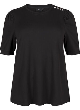 Zizzi Blouse met knoopdetail en korte pofmouwen, Black, Packshot image number 0