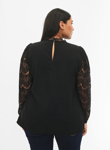 Zizzi Blouse met lange mouwen en kant, Black, Model image number 1