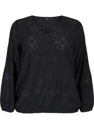 Blouse met lange mouwen, V-hals en gaatjespatroon, Black