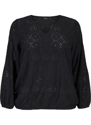 Zizzi Blouse met lange mouwen, V-hals en gaatjespatroon, Black, Packshot image number 0