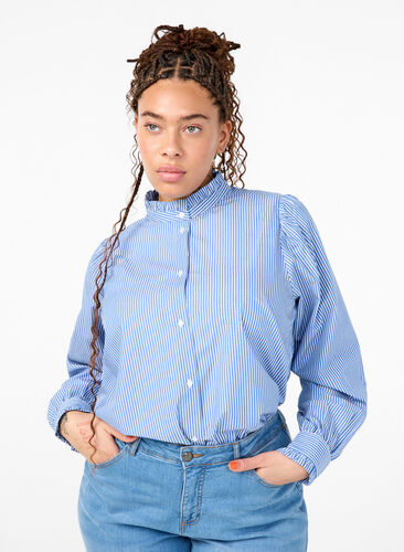 Zizzi Overhemd blouse met strepen en ruches, Princess Blue W. St., Model image number 0