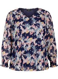 Gebloemde blouse met lange mouwen en V-hals, Night Sky AOP Flower