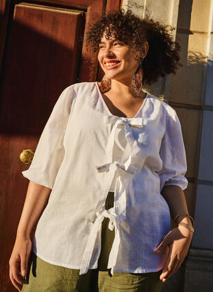 Zizzi Katoenen blouse met 3/4 mouwen in een katoenmix met linnen, Bright White, Image image number 0