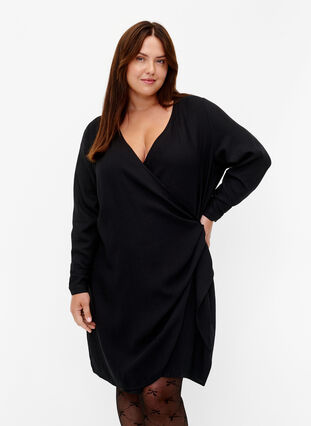Zizzi Viscose jurk met lange mouwen en wikkel-look, Black, Model image number 0