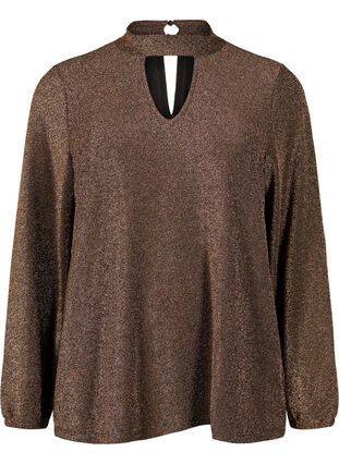 Zizzi Glitter blouse met lange mouwen, ronde hals en V-detail, Black Copper, Packshot image number 0