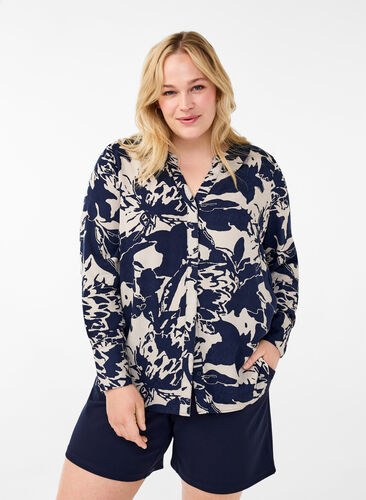 Zizzi Shirt met lange mouwen, print en V-hals, Navy Blazer AOP, Model image number 0