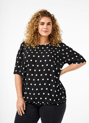 Zizzi Gestippelde blouse met korte mouwen, Black W. White Dot, Model image number 0