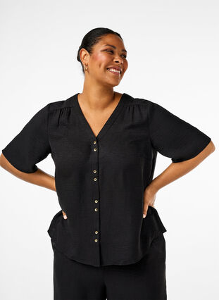 Zizzi Overhemd blouse met V-hals en korte mouwen, Black, Model image number 0