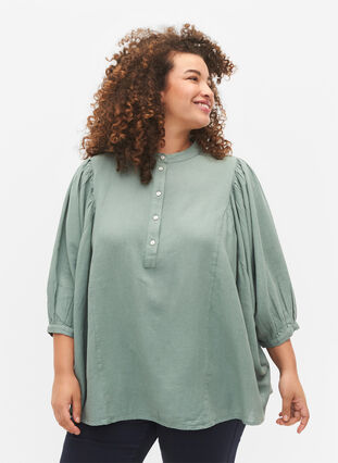 Zizzi Viscose-Linen Mix Shirt Blouse met 3/4 Mouwen, Chinois Green, Model image number 0