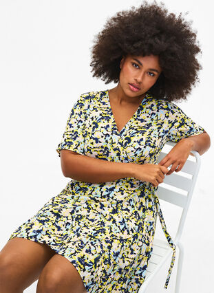 Zizzi Wikkeljurk met korte mouwen, Blazing Yellow AOP, Image image number 1