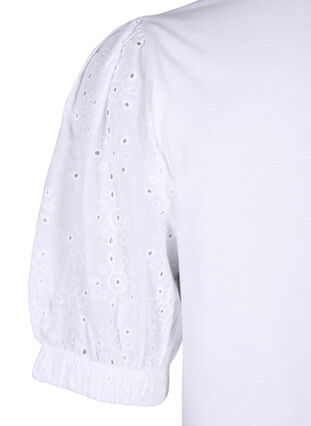 Zizzi Biologisch katoenen blouse met broderie anglaise mouwen, Bright White, Packshot image number 3