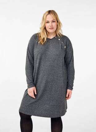 Zizzi Jersey jurk met knopen, Dark Grey Melange, Model image number 0