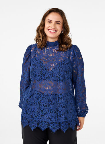 Zizzi Kanten blouse met strikdetail, Estate Blue, Model image number 0