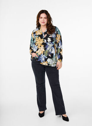 Zizzi Blouse met lange mouwen en bloemenprint, Yellow Flower AOP, Model image number 2